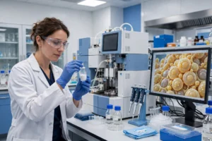Researcher examining an AOD-9604 peptide vial in a blue and white laboratory with HPLC equipment and adipocyte imagery on a monitor