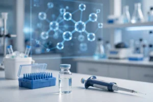 BPC-157 research peptide vial in a blue and white laboratory setting