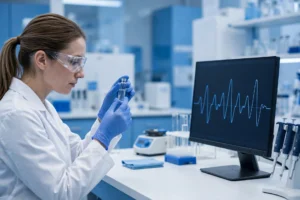 Researcher examining a peptide vial and growth hormone chart in a blue and white laboratory, CJC-1295 research concept