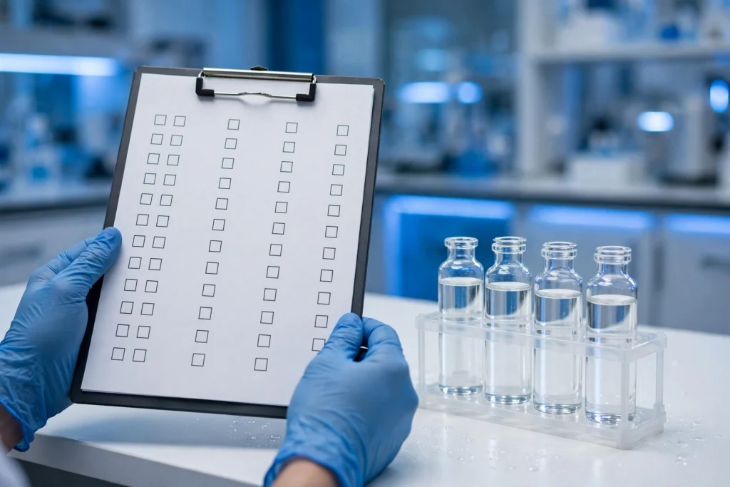 Scientist reviewing certificate of analysis with laboratory vials