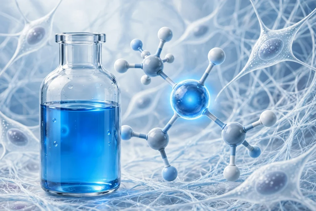 GHK-Cu copper peptide complex with tripeptide molecular model in a blue laboratory setting