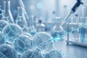 Solid-phase peptide synthesis illustration showing resin beads with growing peptide chains in a blue laboratory setting