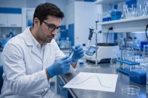 Researcher examining a peptide vial beside a growth hormone pulse chart in a blue and white laboratory, ipamorelin research concept