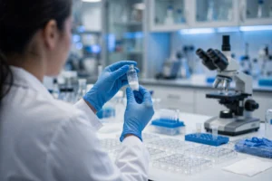 Researcher in a laboratory examining a vial of KPV research peptide beside a microscope and cell culture plates