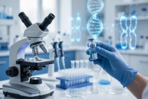 Epithalon research peptide laboratory vial with microscope and DNA helix — telomerase and telomere research