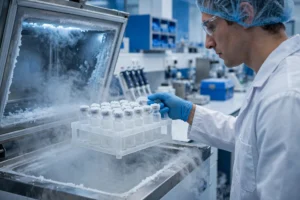 Researcher removing frosted peptide vials from a laboratory freezer for freeze-thaw storage research