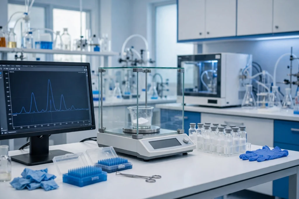 Peptide purity vs potency — laboratory COA analysis with HPLC chromatogram and lyophilized peptide vials