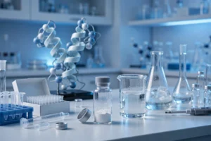 Tirzepatide peptide research — laboratory vial and peptide molecular model in a blue research lab