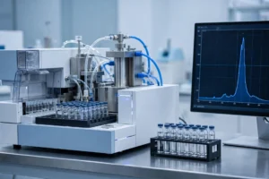 HPLC chromatography instrument analyzing a peptide sample with a chromatogram on the monitor