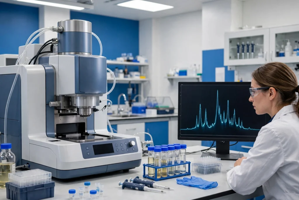 Mass spectrometer analyzing a peptide sample in a blue and white research laboratory, mass spectrum peaks on the monitor