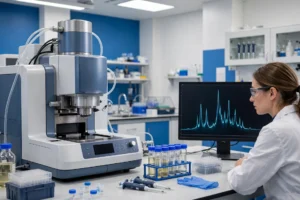Mass spectrometer analyzing a peptide sample in a blue and white research laboratory, mass spectrum peaks on the monitor