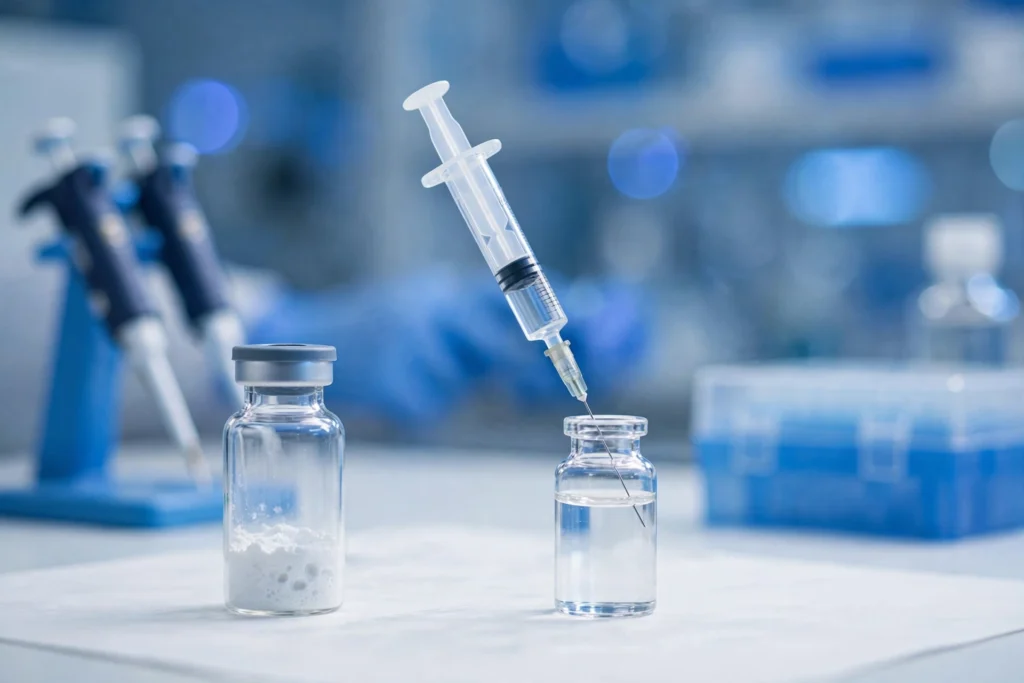 Lyophilized peptide vial and syringe drawing solvent in a research lab