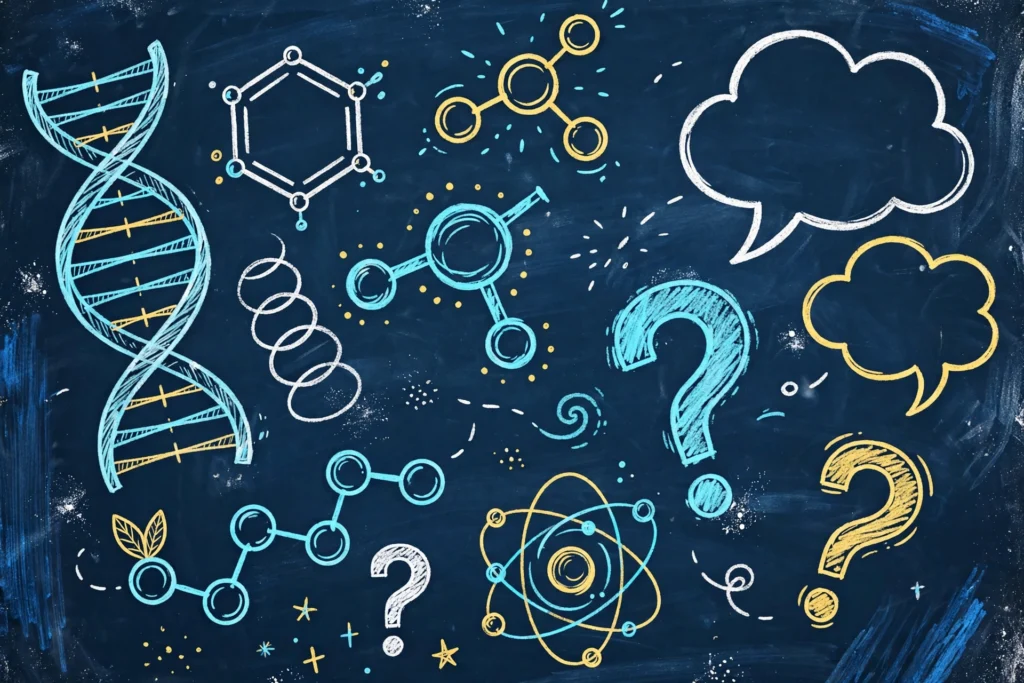 Chalkboard with scientific doodles and molecular structures
