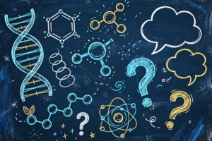 Chalkboard with scientific doodles and molecular structures