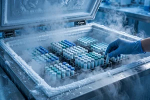 Laboratory ultra-low temperature freezer with sample vials