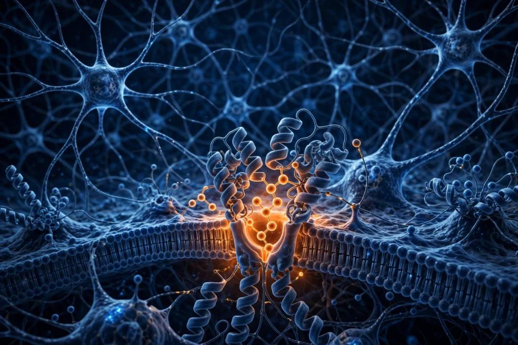 3D illustration of neurons and melanocortin receptors in the brain