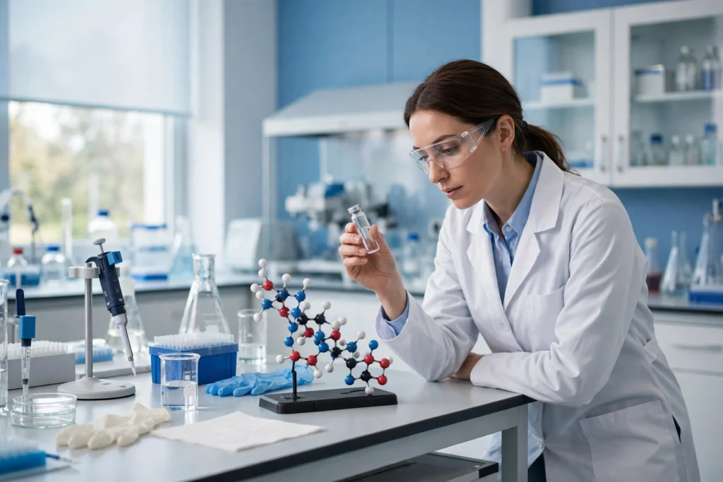 Semaglutide peptide research — laboratory vial and GLP-1 molecular model in a blue and white research lab