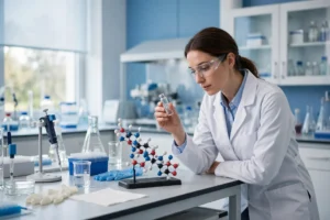 Semaglutide peptide research — laboratory vial and GLP-1 molecular model in a blue and white research lab