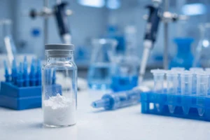 TB-500 research peptide vial in a blue and white laboratory setting