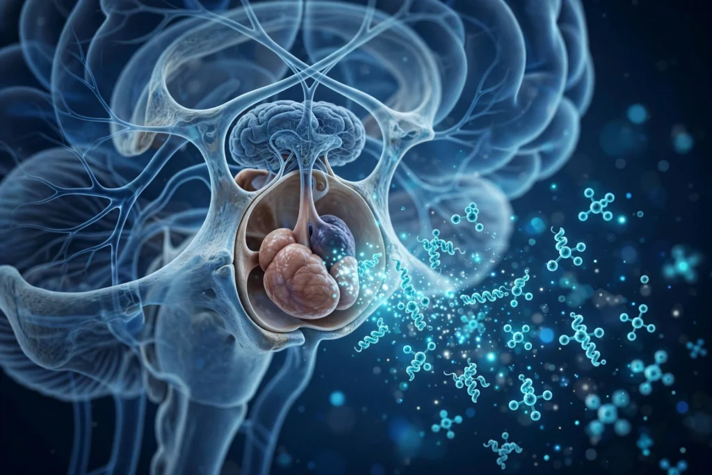 3D illustration of pituitary gland releasing growth hormone molecules