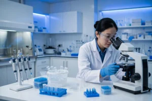 Thymosin alpha-1 peptide research — immunology laboratory with microscope and samples
