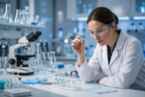 Researcher examining sample vials in a laboratory