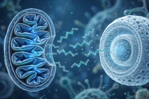 3D scientific illustration of a mitochondrion releasing peptide strands toward a cell nucleus, symbolizing MOTS-c mitochondrial-to-nucleus signaling